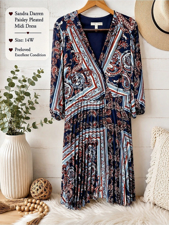 Sandra Darren Dresses & Skirts - Sandra Darren Paisley Pleated Midi Dress Blue & Red 14W Like New